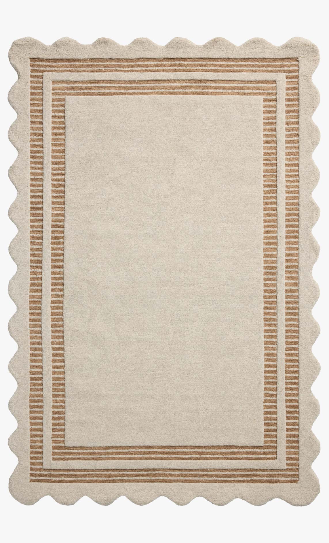 Scottie Hand Tufted Rug in CJ Ivory/Rust full view showing the plush wool pile and scalloped striped border - Chris Loves Julia x Loloi - Whats New Furniture Portland OR