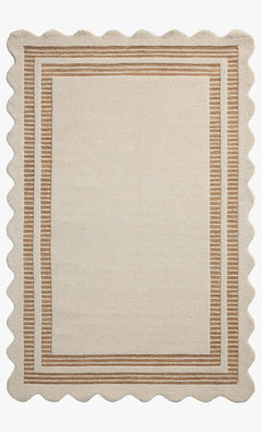 Scottie Hand Tufted Rug in CJ Ivory/Rust full view showing the plush wool pile and scalloped striped border - Chris Loves Julia x Loloi - Whats New Furniture Portland OR
