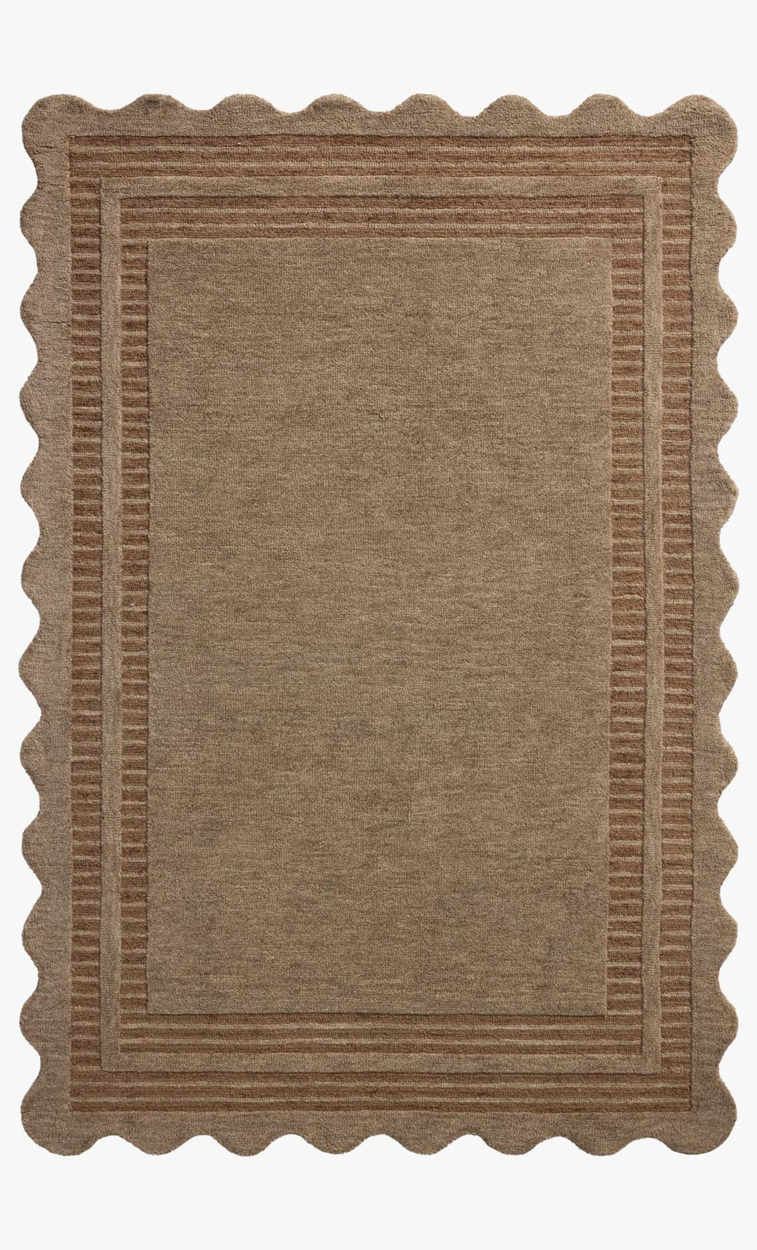 Scottie Hand Tufted Rug in CJ Mocha/Clay full view showing the tan wool pile and scalloped border - Whats New Furniture Portland