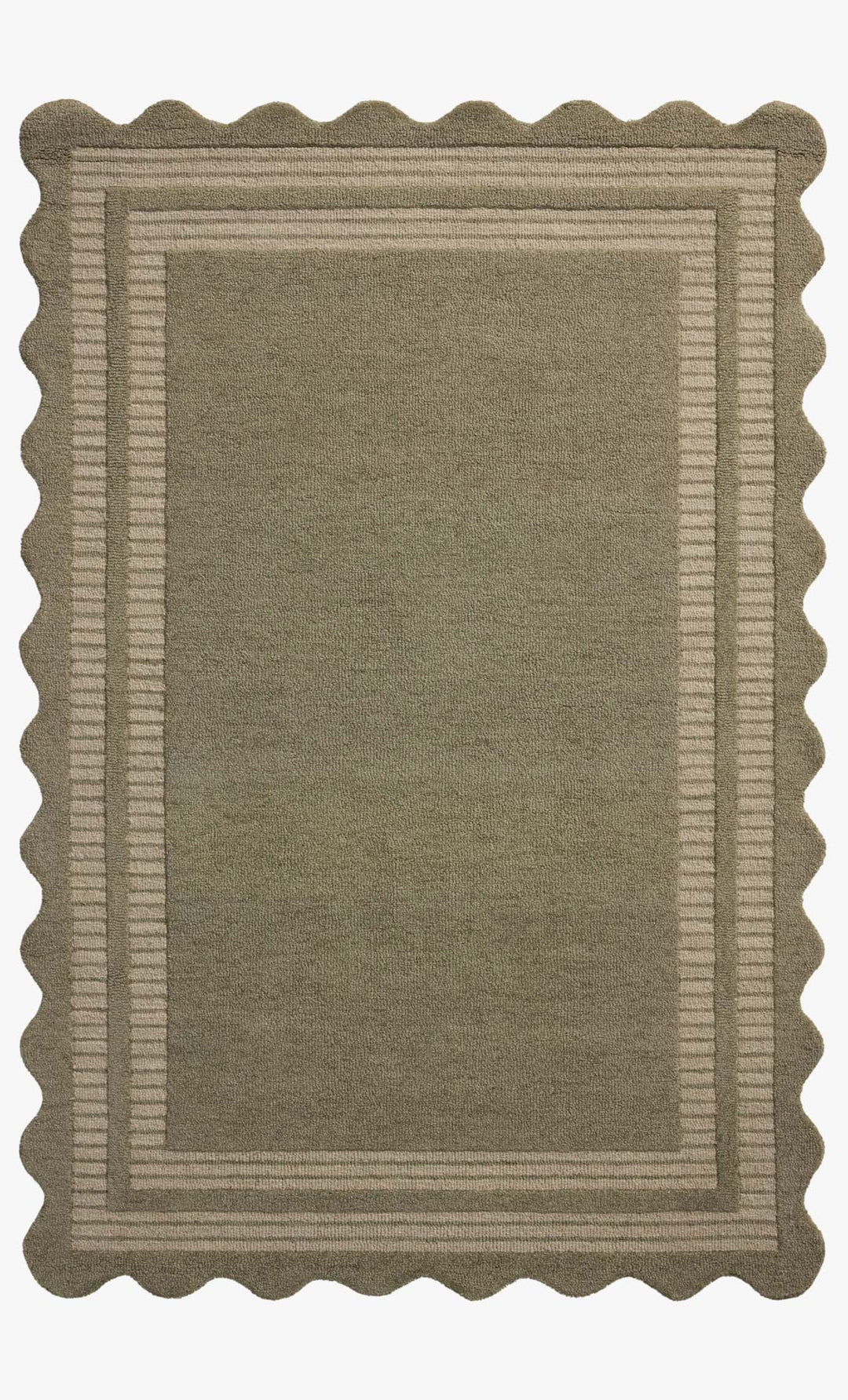Scottie Hand Tufted Rug in CJ Olive/Pebble full view showing the soft green wool pile and scalloped border - Whats New Furniture Portland OR