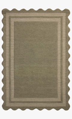 Scottie Hand Tufted Rug in CJ Olive/Pebble full view showing the soft green wool pile and scalloped border - Whats New Furniture Portland OR