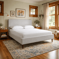 Lombard Queen Bed Frame in Agnes Beige side angle - upholstered queen bed private label - Whats New Furniture Portland OR