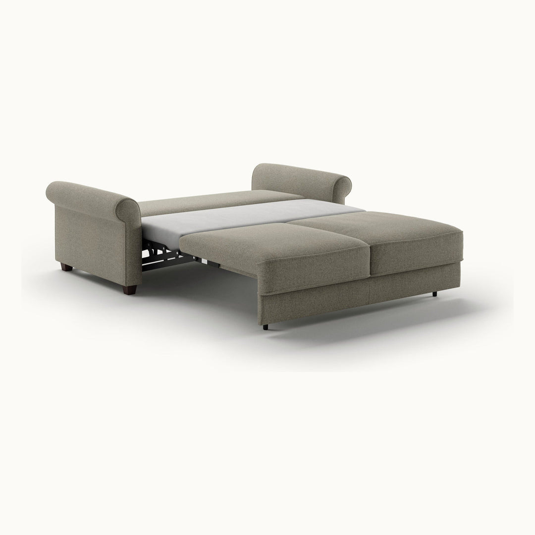 Casey Queen Loveseat Sleeper in Rene 03, Walnut legs — bed extended, angle view - What&