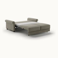 Casey Queen Loveseat Sleeper in Rene 03, Walnut legs — bed extended, angle view - What&