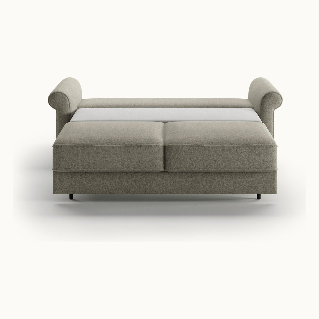 Casey Queen Loveseat Sleeper in Rene 03, Walnut legs — bed extended, front view - What&