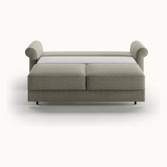 Casey Queen Loveseat Sleeper in Rene 03, Walnut legs — bed extended, front view - What&