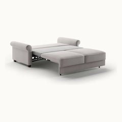 Casey Queen Loveseat Sleeper in Rene 01, Walnut legs — bed extended, angle view - What&
