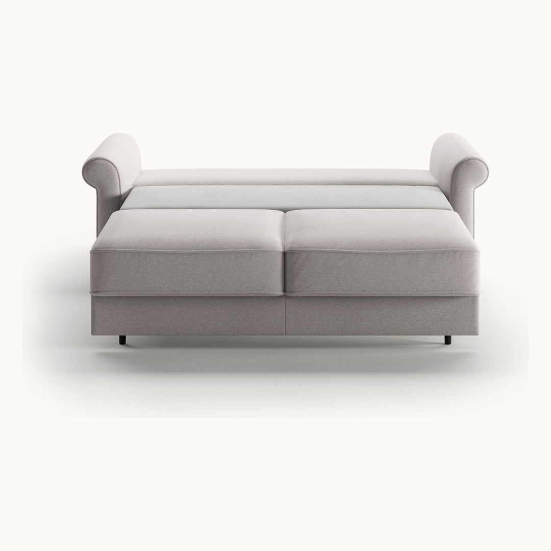 Casey Queen Loveseat Sleeper in Rene 01, Walnut legs — bed extended, front view - What&