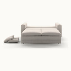Cove Queen Sleeper in Oasis 01, Walnut legs — bed extended, front view — Luonto at What&