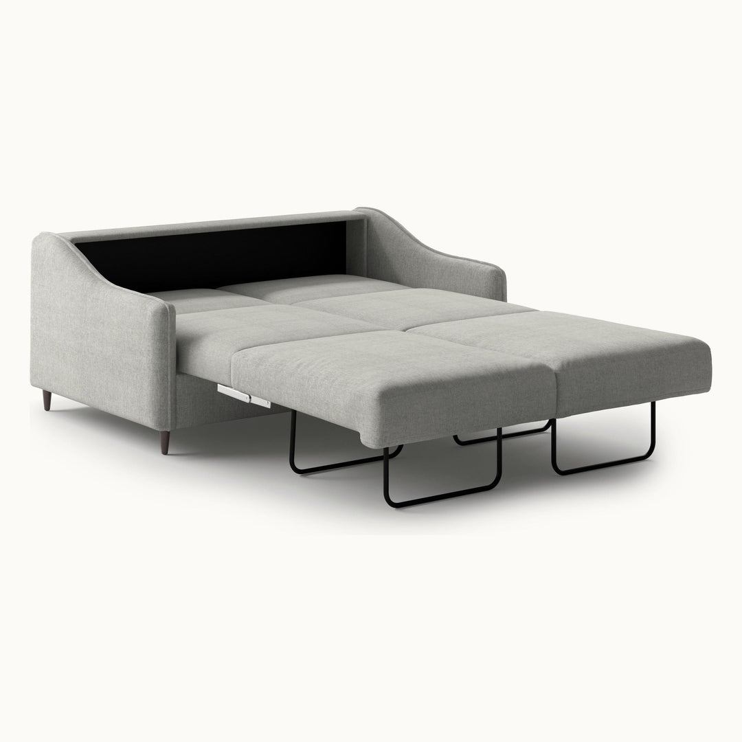 Ethos Queen Loveseat Sleeper in Oliver 173, Walnut legs — bed extended, angle view - What&