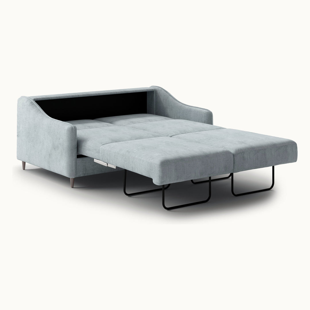 Ethos Queen Loveseat Sleeper in Harmony 72, Walnut legs — bed extended, angle view - What&