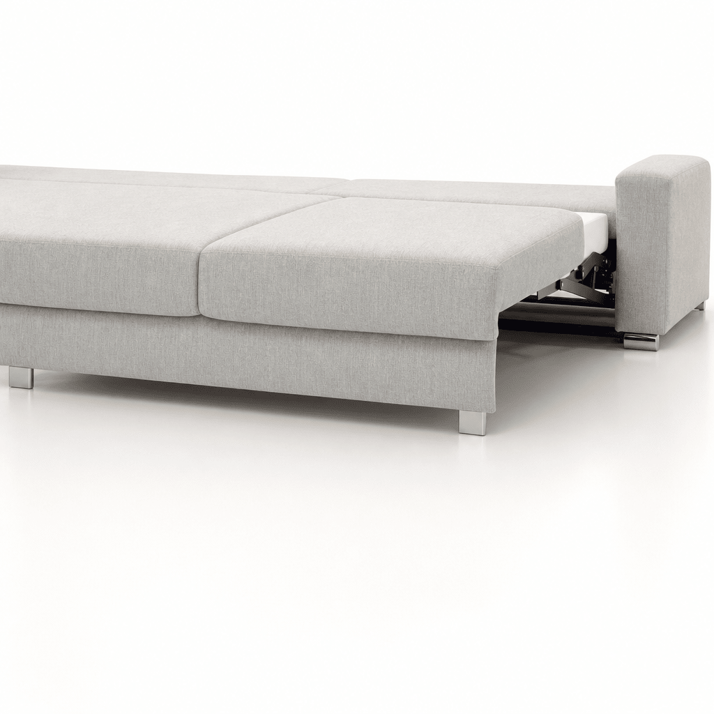 Fantasy Queen Sleeper Sofa mechanism close-up showing chrome legs and gas-assisted rail