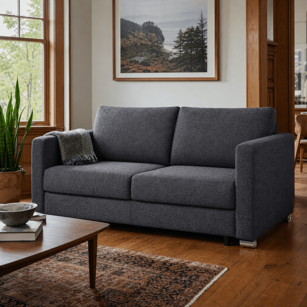 Fantasy Queen Sleeper Sofa Rene 04 charcoal boucle styled in a Portland Craftsman living room