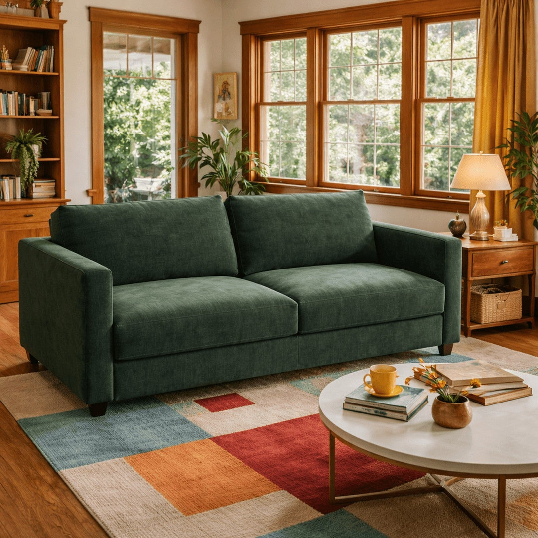 Fantasy Queen Sleeper Sofa Glamour 12 forest green styled in a Portland living room