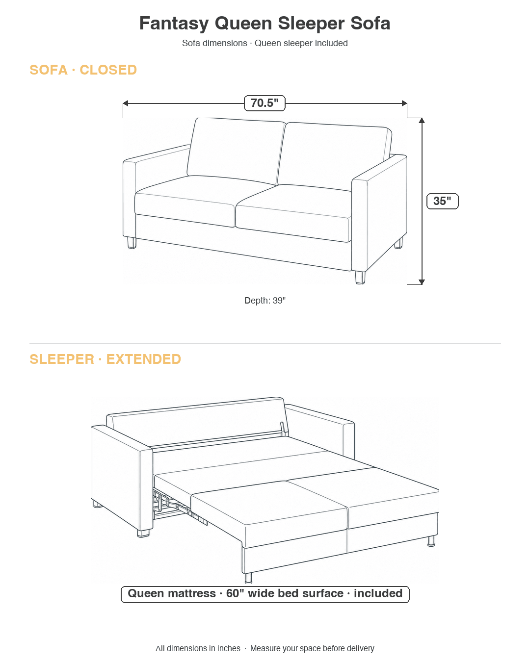 Fantasy Queen Sleeper Sofa dimensions diagram showing closed sofa 70.5 by 39 by 35 inches and extended queen sleeper with 60-inch wide mattress