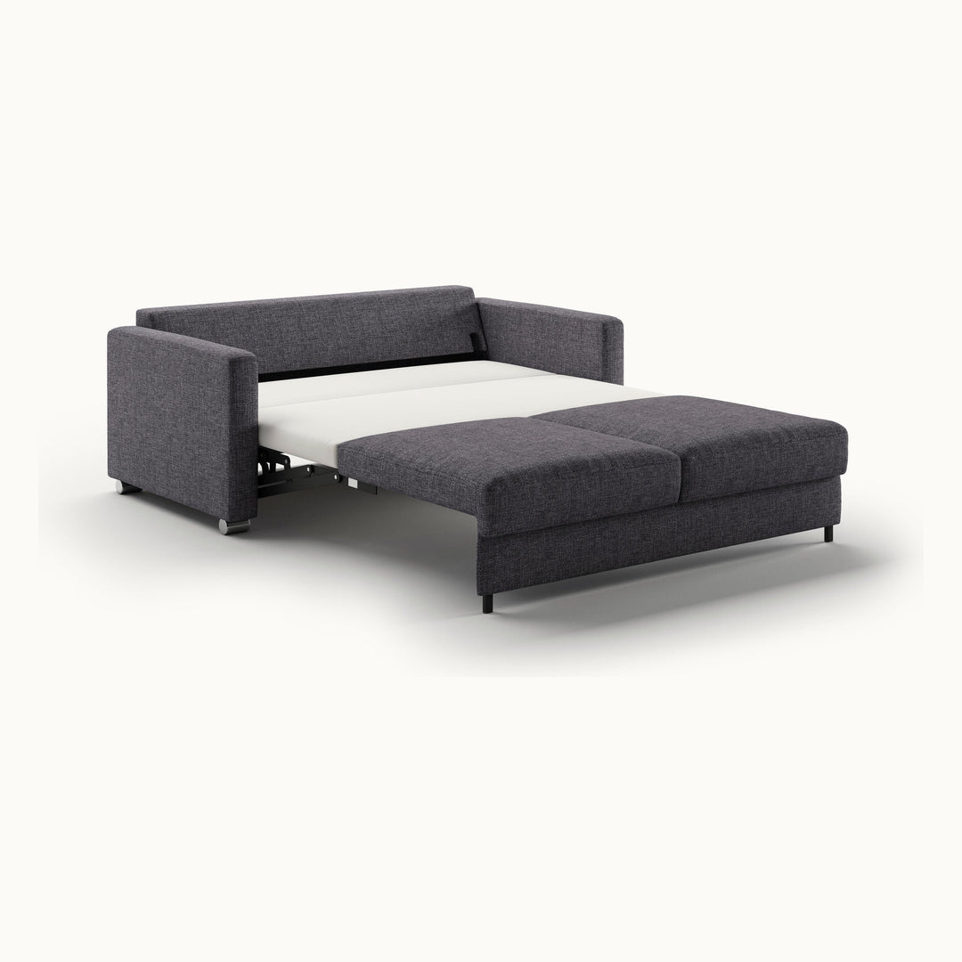 Fantasy Queen Loveseat Sleeper in Rene 04, Chrome legs — bed extended, angle view - What&