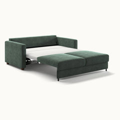 Fantasy Queen Loveseat Sleeper in Glamour 12, Walnut legs — bed extended, angle view - What&