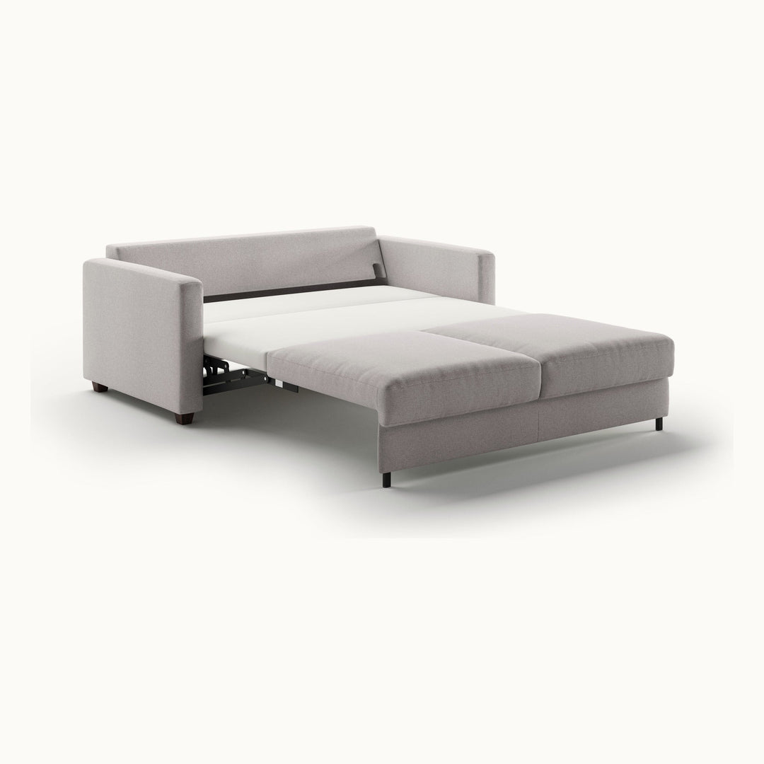 Fantasy Queen Loveseat Sleeper in Rene 01, Walnut legs — bed extended, angle view - What&