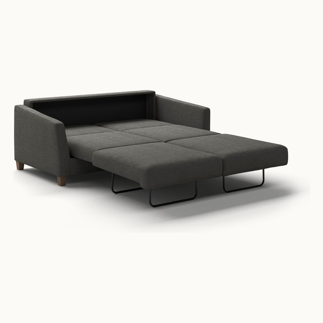 Monika Queen Loveseat Sleeper in Oliver 515, Walnut legs — bed extended, angle view - What&