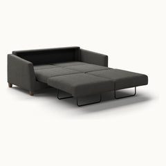 Monika Queen Loveseat Sleeper in Oliver 515, Walnut legs — bed extended, angle view - What&