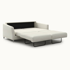 Monika Queen Loveseat Sleeper in Harmony 02, Chrome legs — bed extended, angle view - What&