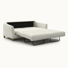 Monika Queen Loveseat Sleeper in Harmony 02, Oak legs — bed extended, angle view - What&