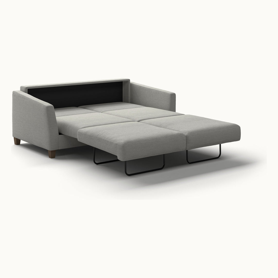 Monika Queen Loveseat Sleeper in Oliver 173, Walnut legs — bed extended, angle view - What&