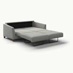 Monika Queen Loveseat Sleeper in Oliver 173, Walnut legs — bed extended, angle view - What&