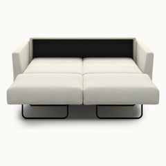 Monika Queen Loveseat Sleeper in Harmony 02, Oak legs — bed extended, front view - What&
