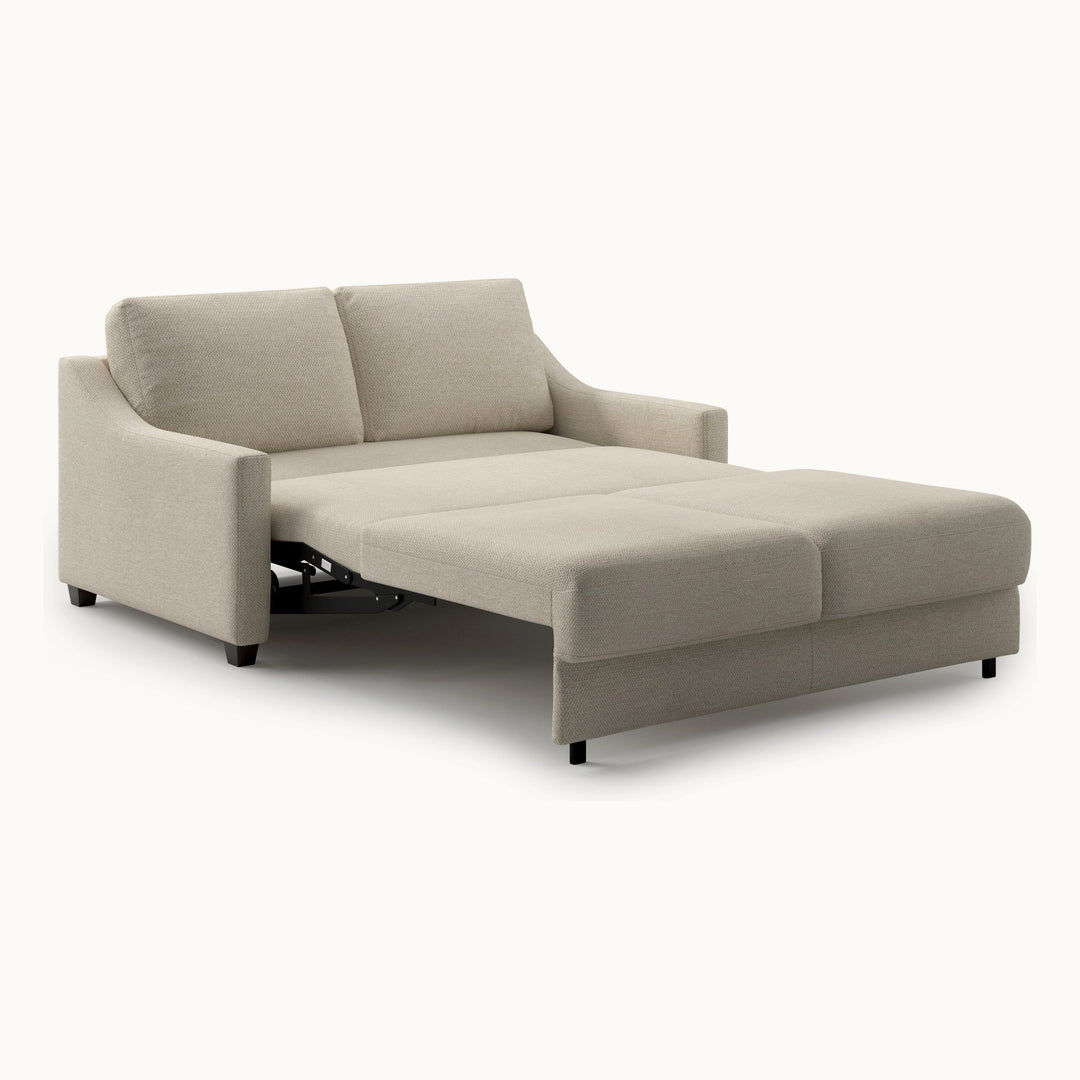 Nautica Queen Loveseat Sleeper in Zaro 03, Smoked Birch legs — bed extended, angle - What&