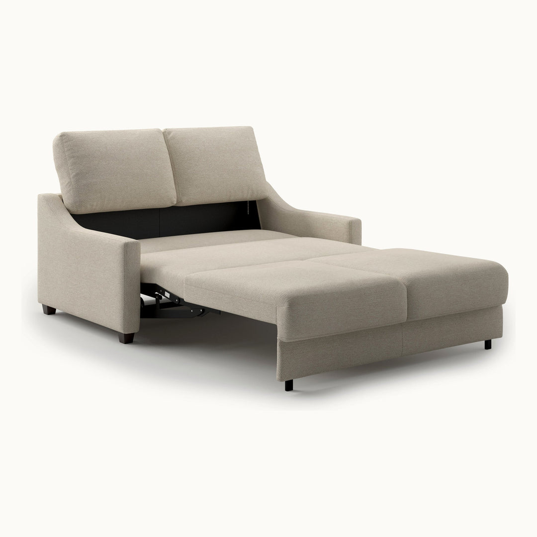 Nautica Queen Loveseat Sleeper in Zaro 03, Smoked Birch legs — bed extended, angle - What&