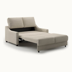 Nautica Queen Loveseat Sleeper in Zaro 03, Smoked Birch legs — bed extended, angle - What&