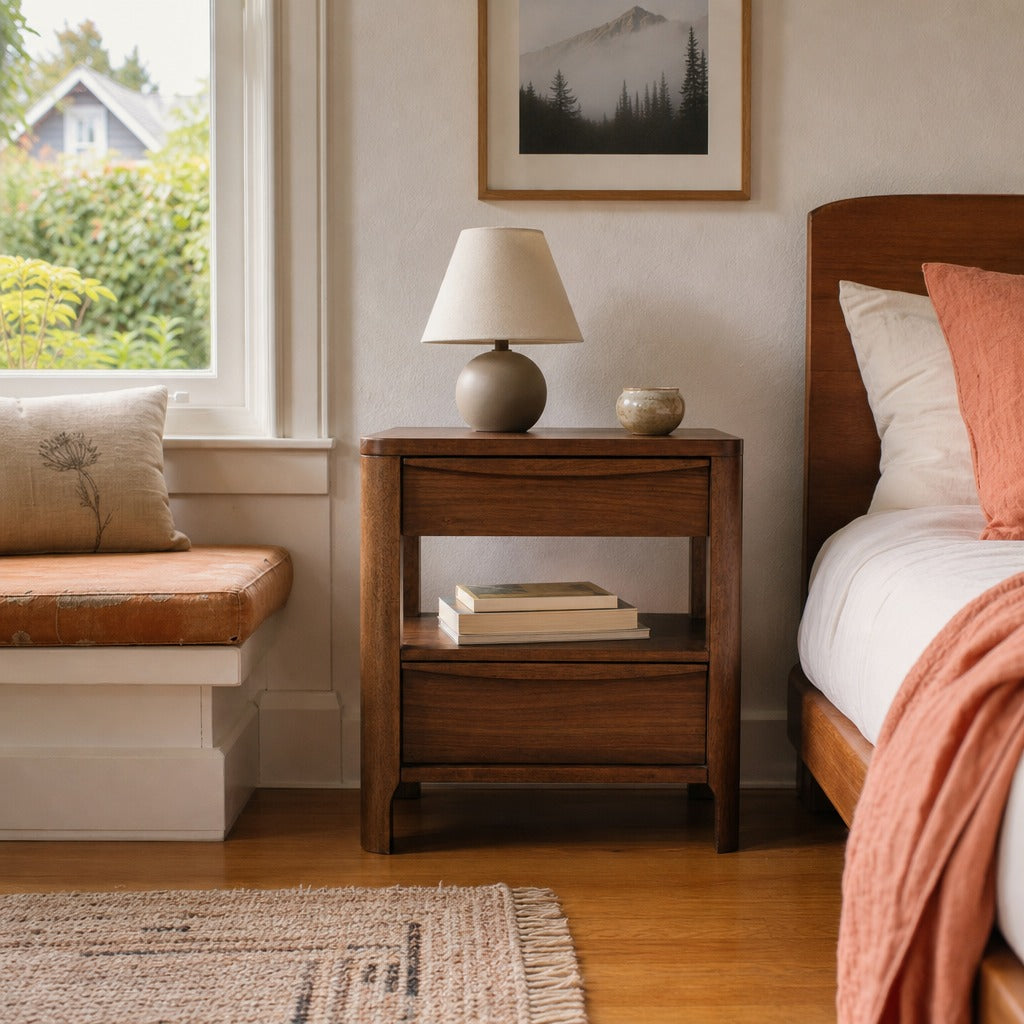 Maderia 2 Drawer Nightstand Bedside Table Walnut styled in Portland Montavilla cottage living room - What&