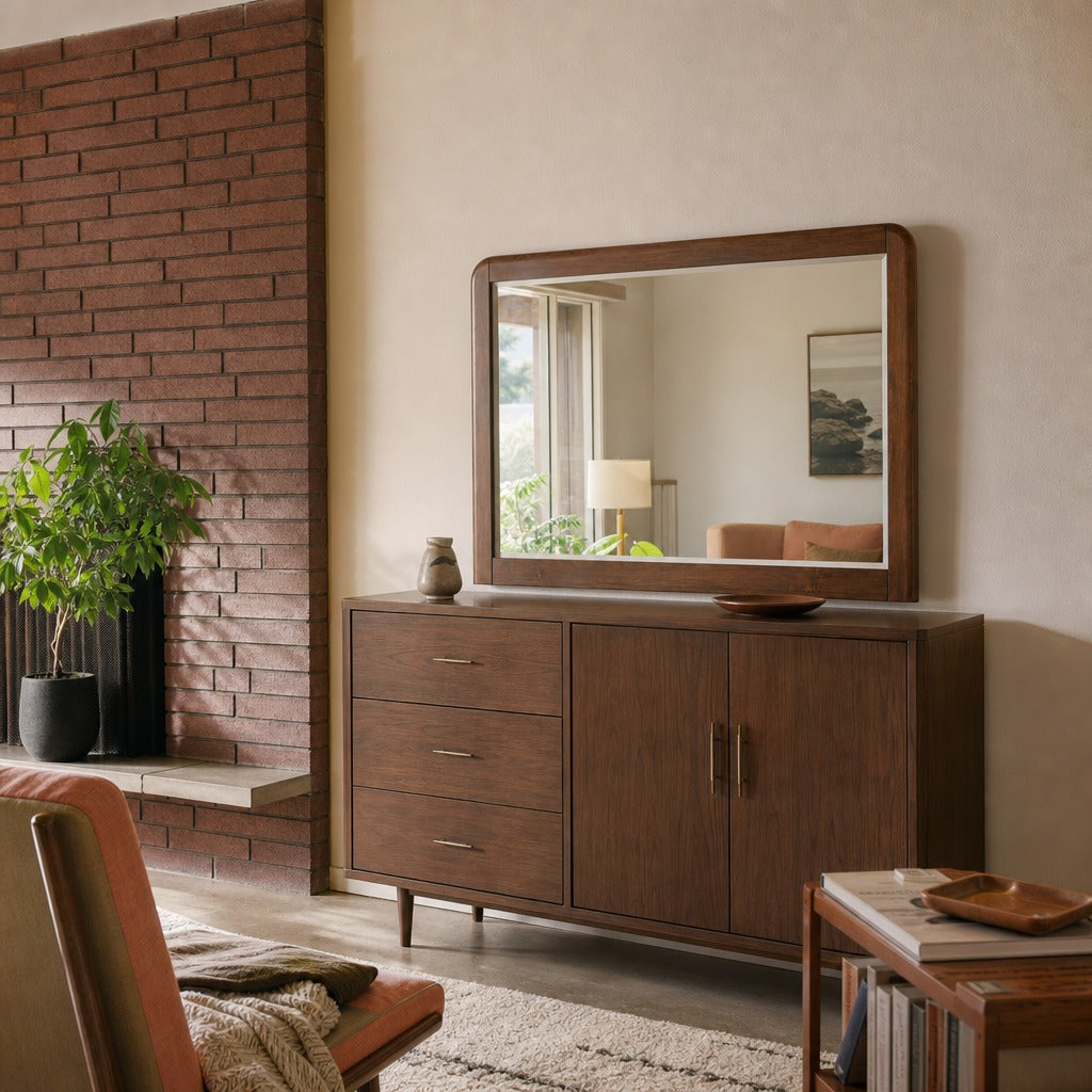 Maderia Dresser Mirror Walnut styled in Portland 1960s Garden Home ranch living room - What&