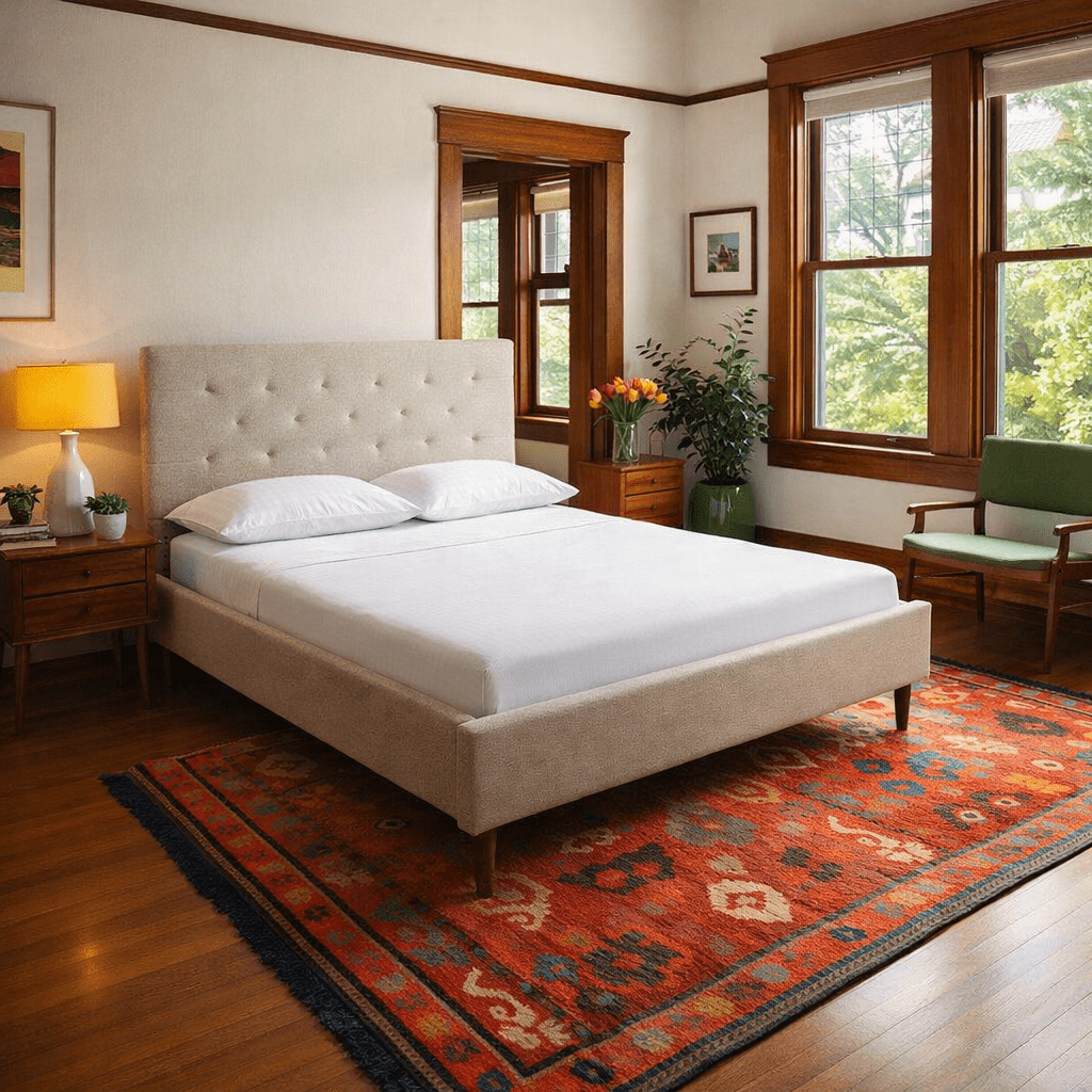 Madison Queen Bed Frame in Agnes Brown alternate angle - queen upholstered bed frame private label - Whats New Furniture Portland OR