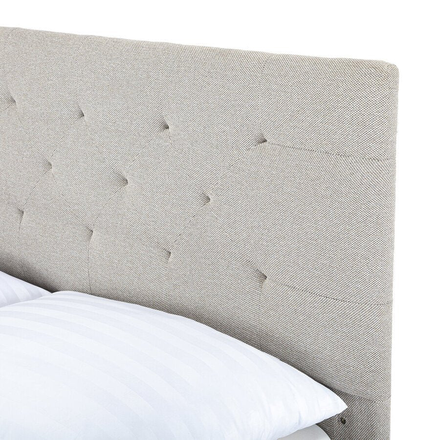 Madison Queen Bed Frame in Agnes Brown corner detail - queen upholstered bed frame private label - Whats New Furniture Portland OR