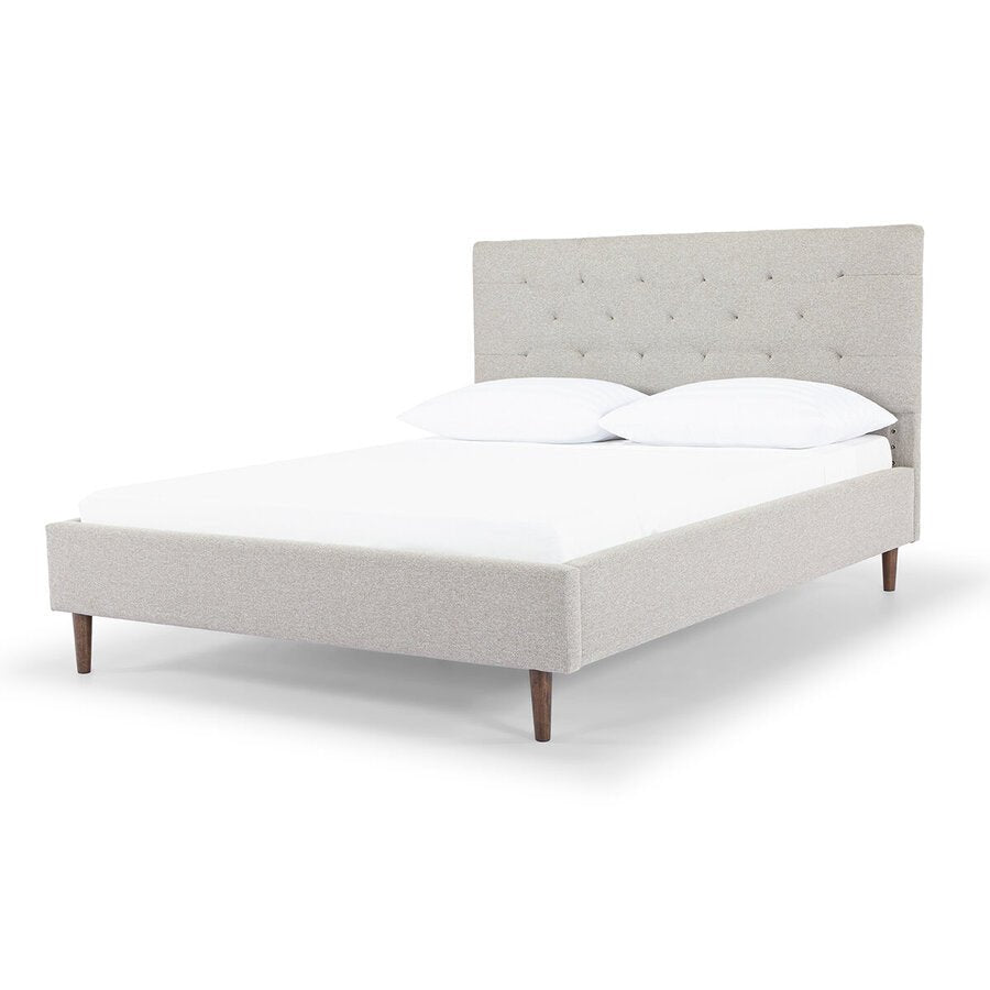Madison Queen Bed Frame in Agnes Brown lifestyle setting - queen upholstered bed frame private label - Whats New Furniture Portland OR
