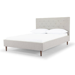 Madison Queen Bed Frame in Agnes Brown lifestyle setting - queen upholstered bed frame private label - Whats New Furniture Portland OR