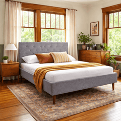 Madison Queen Bed Frame in Dine Dark Grey side angle - queen upholstered bed frame private label - Whats New Furniture Portland OR