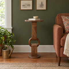 Mango Wood Ring Pedestal Drink Table 24", Honey styled in a Portland living room - Whats New Furniture