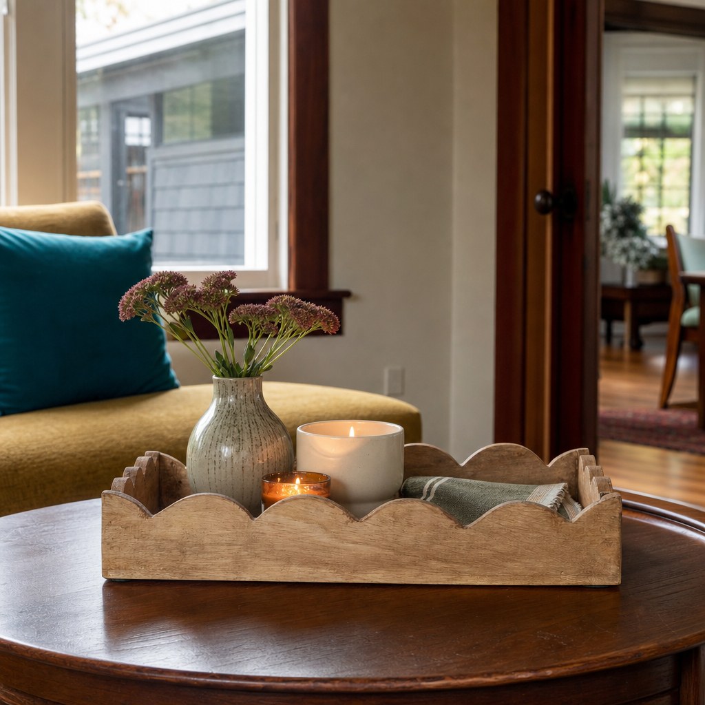 Mango Wood Scalloped Tray, Natural styled in a Portland living room - What&