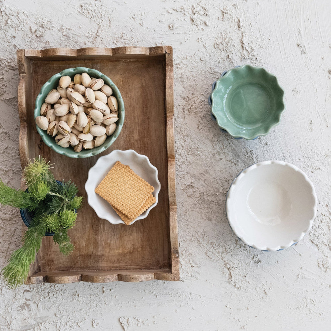 Mango Wood Scalloped Tray Natural - styled with small scalloped dishes - Creative Co-Op - What&