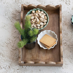 Mango Wood Scalloped Tray Natural - overhead of the tray styled with bowls and crackers - Creative Co-Op - What&