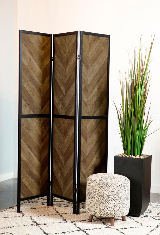 Marlene 3-Panel Room Divider Folding Screen in rustic tobacco side angle - rustic wood folding screen by Coaster - Whats New Furniture Portland OR