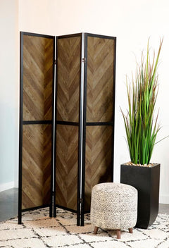 Marlene 3-Panel Room Divider Folding Screen in rustic tobacco side angle - rustic wood folding screen by Coaster - Whats New Furniture Portland OR