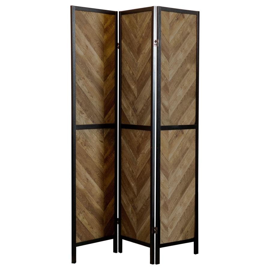 Marlene 3-Panel Room Divider Folding Screen in rustic tobacco - rustic wood folding screen by Coaster - Whats New Furniture Portland OR