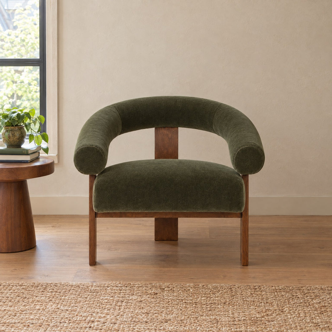 Marquam Accent Chair in Mohair Forest Green in a styled Portland living room - Whats New Furniture Portland OR