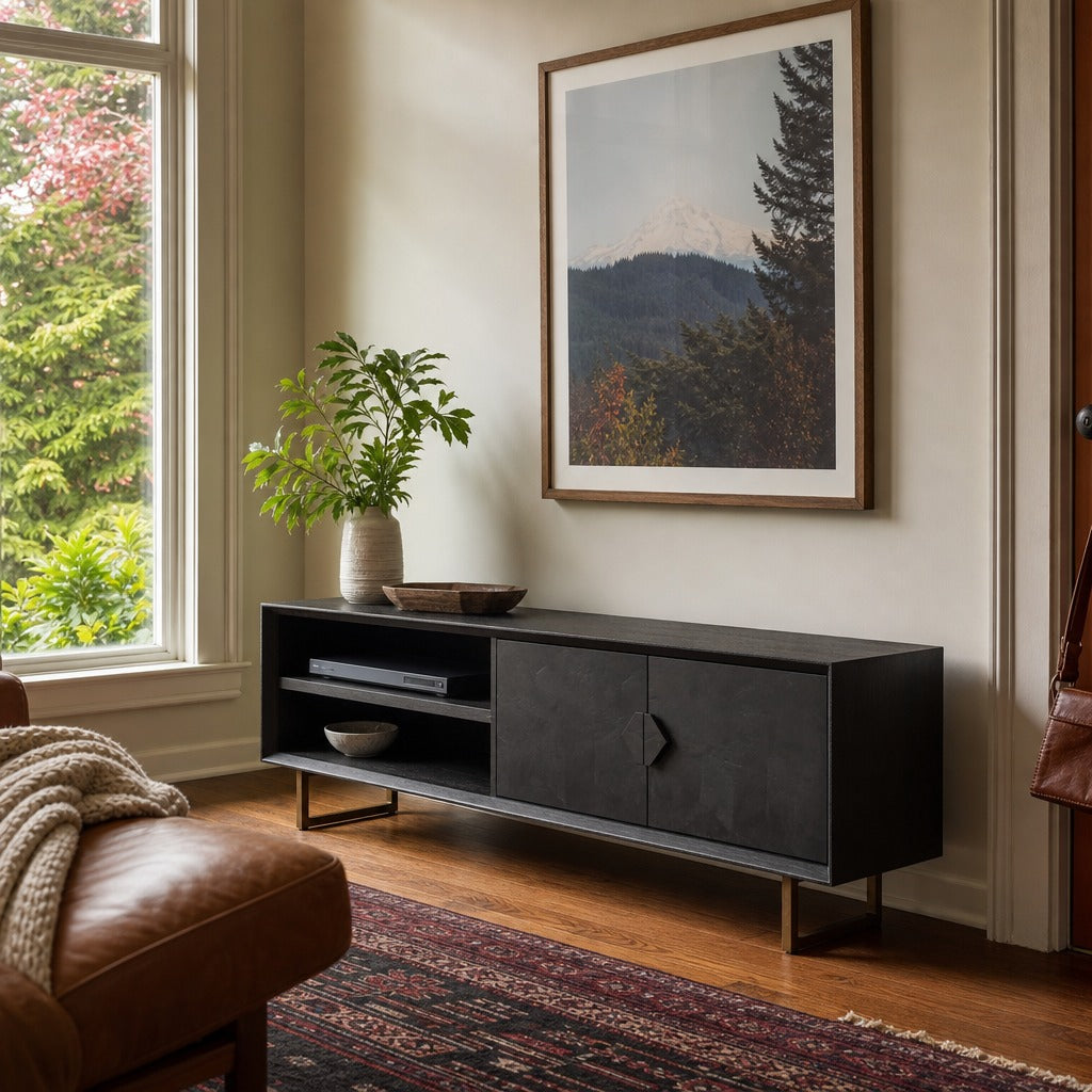 Marsden 2 Door Mango Wood 70 Inch Tv Stand Charcoal Black styled in Portland AlbertArts foursquare living room - What&
