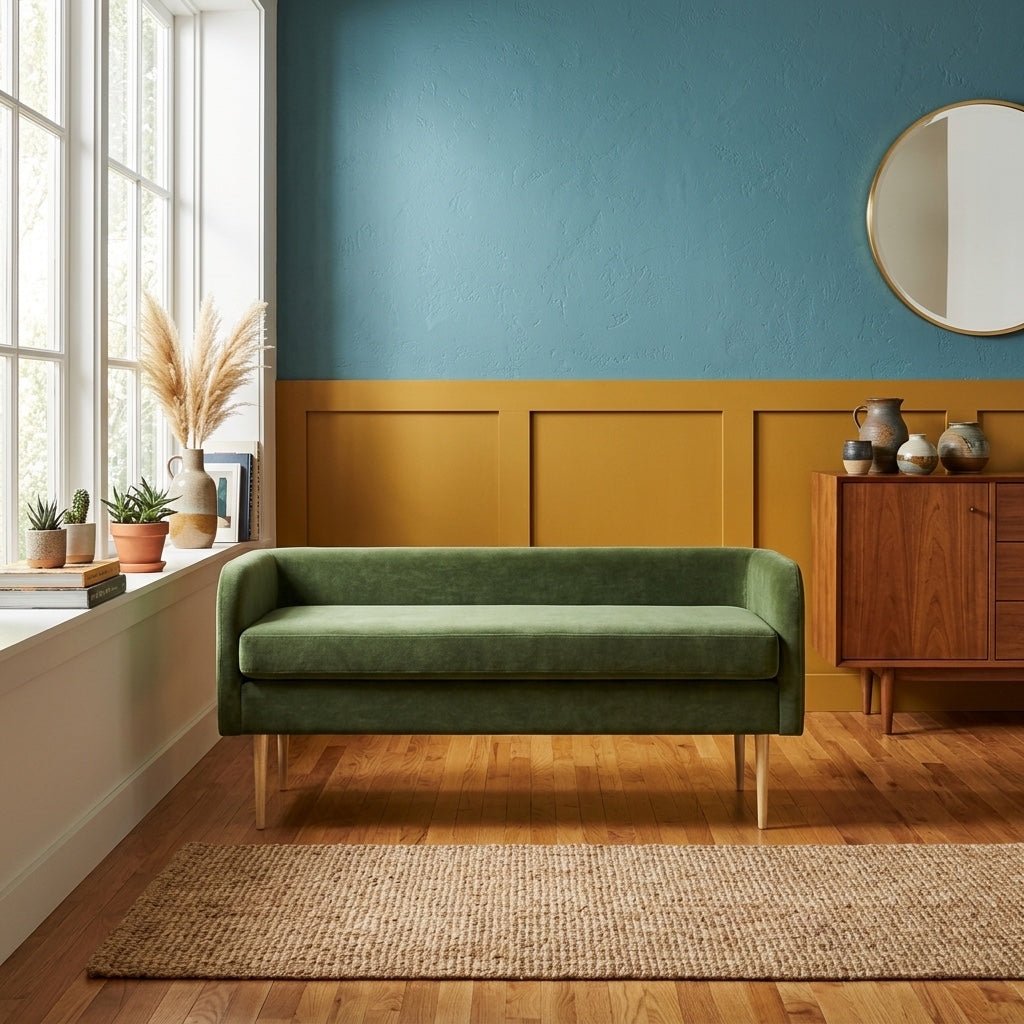Marsha Velvet Bench in Dainty Green styled room setting - velvet bench by NPD - Whats New Furniture Portland OR