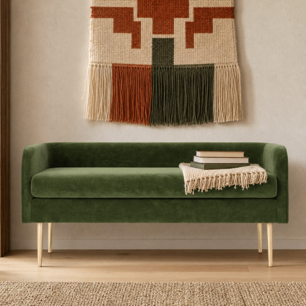 Marsha Velvet Bench styled in a bright mid-century modern Portland entryway - Whats New Furniture